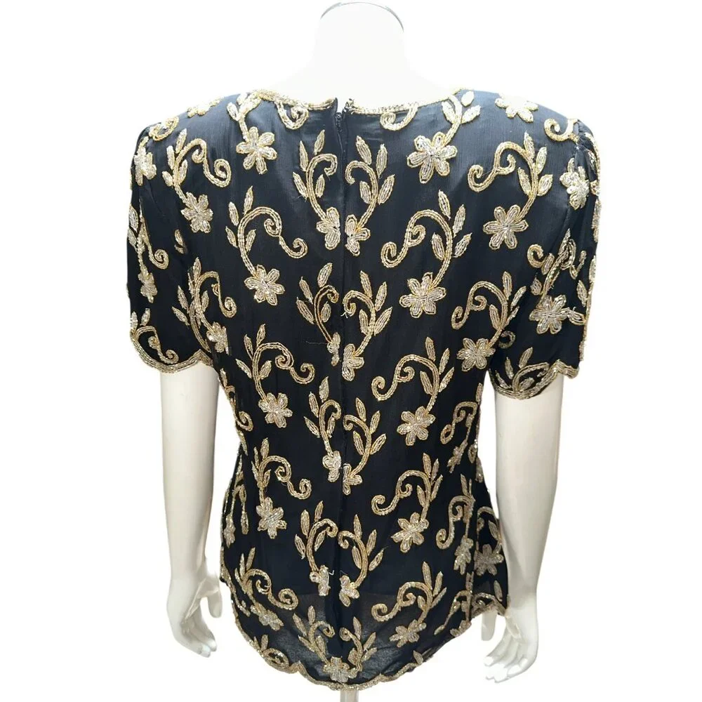 Stenay Small Black Gold All Silk Beaded Sequin Floral Blouse Vintage Evening Top - Picture 4 of 13